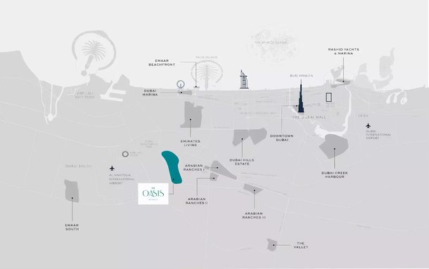 Map of The Oasis by Emaar in southeast Dubai with the main roads