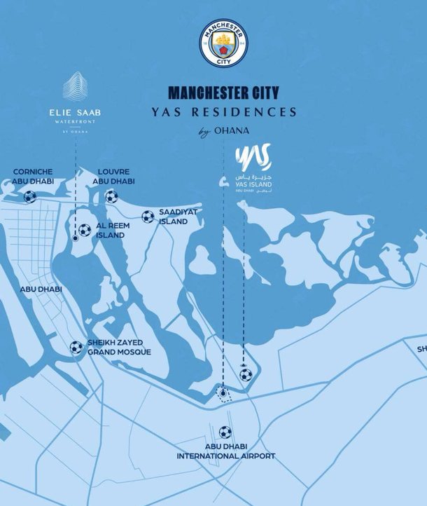 Карта Абу-Даби с отмеченным Manchester City Yas Residences на острове Яс, островами Саадият и Аль-Рим и аэропортом