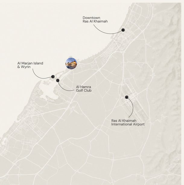 Карта побережья Рас-эль-Хаймы: Mira Coral Bay, остров Al Marjan и Wynn, гольф-клуб Al Hamra и аэропорт