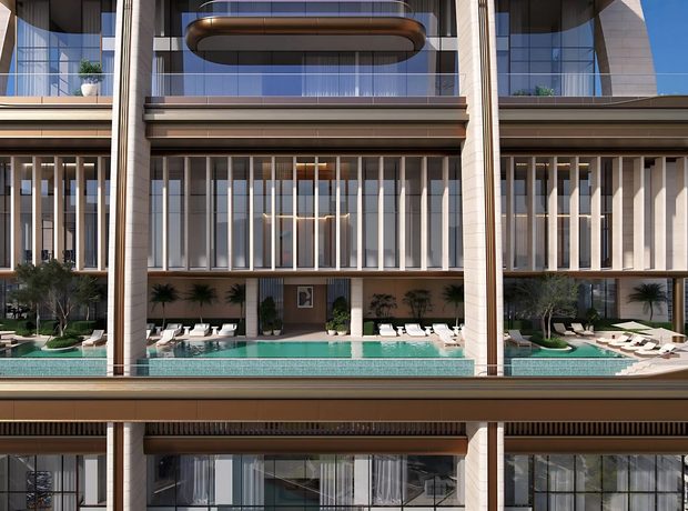 An outdoor pool with private cabanas