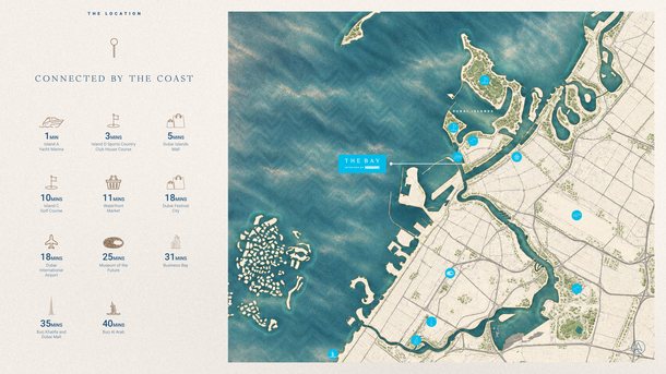 خريطة ساحل دبي مع The Bay في الجزيرة A بجزر دبي وأوقات الوصول إلى المعالم